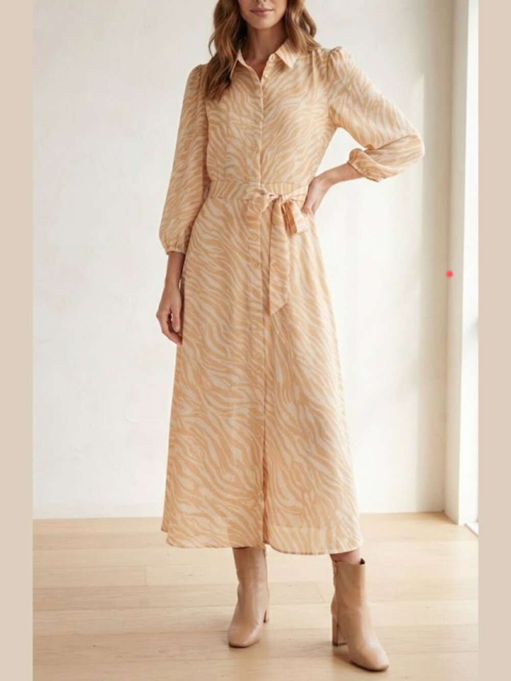 Camel Zebra Print Midi Shirt Dress, Belted Long Sleeve Fall Animal Print XL